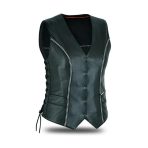 Women's Black Leather Motorcycle Bling Vest With Rhinestone Detailing