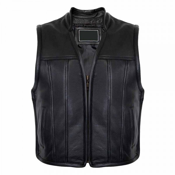 Zipper Leather Vest Biker In Black