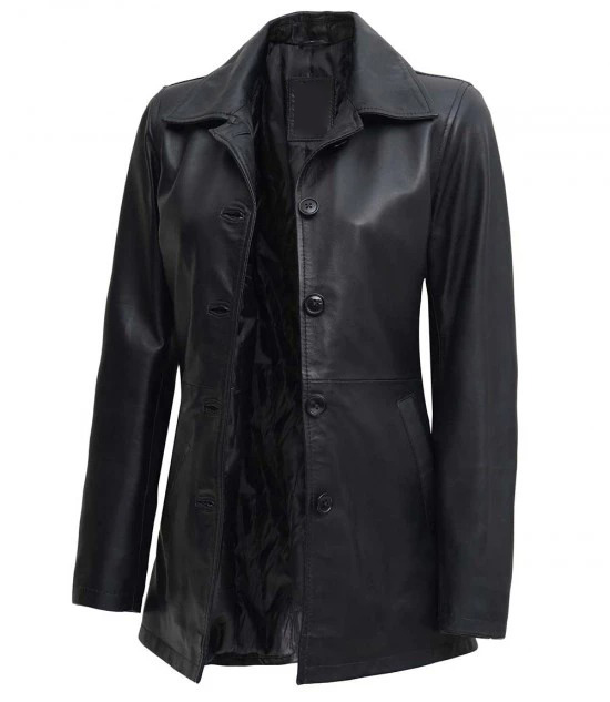 Women's Black Leather 3 4 Length Car Coat