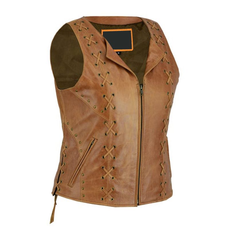 Women's Brown Zippered Vest with Side Lacing Detail