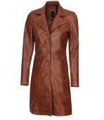 Women's Premium Cognac Brown Leather 3/4 Length Coat