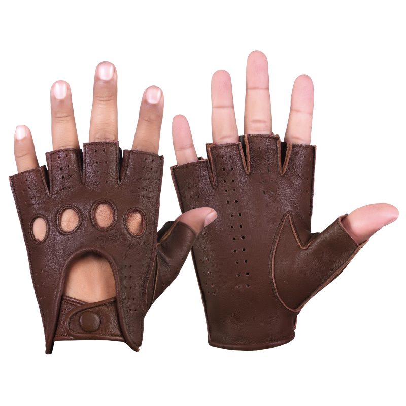 Driving Gloves Half Finger Fingerless Knuckle Holes for Men Genuine Leather