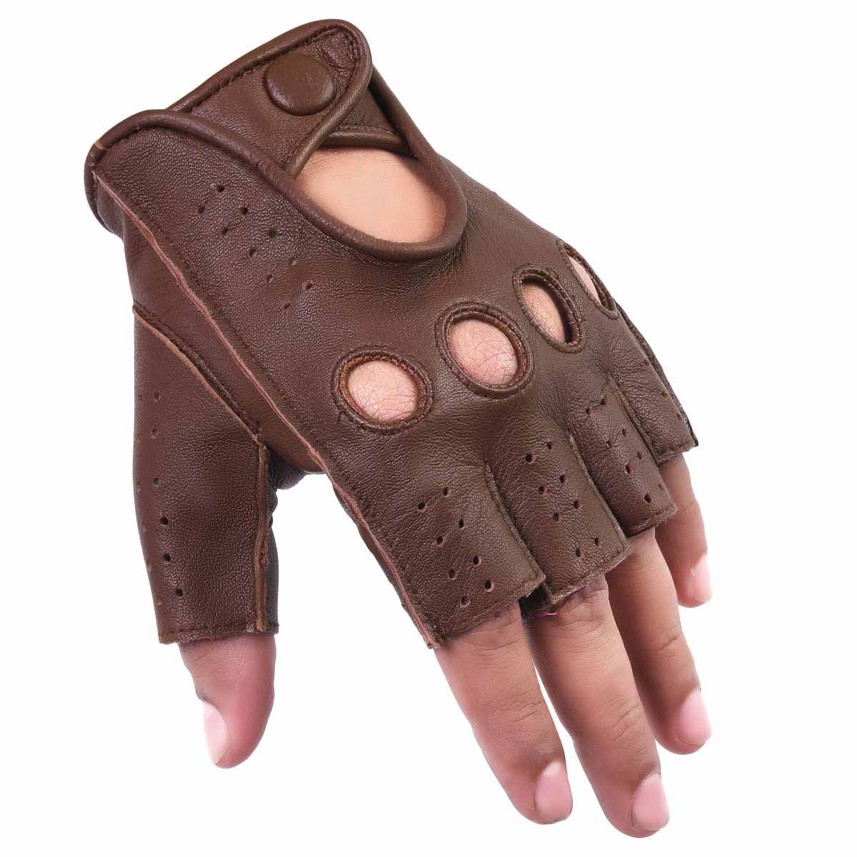 Driving Gloves Half Finger Fingerless Knuckle Holes for Men Genuine Leather